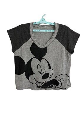 Disney Parks Mickey Mouse Womens M Gray & Black V-Neck Graphic Cropped T-Shirt